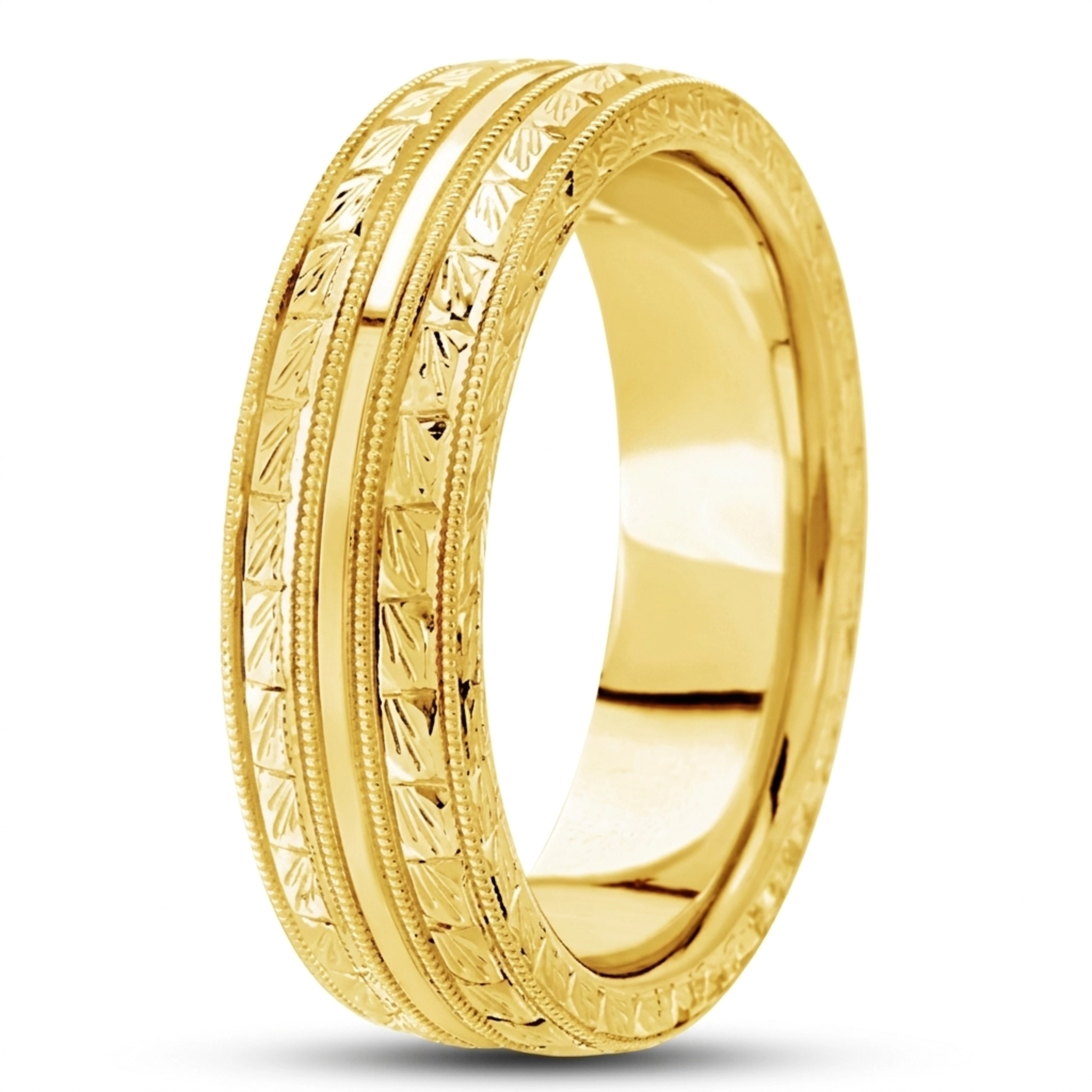 10K yellow gold 7mm. high polish hand-engraved-fancy-carved-wedding-band - alternate view 6