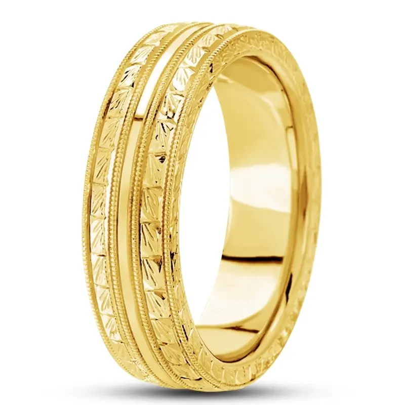 10K yellow gold 7mm. high polish hand-engraved-fancy-carved-wedding-band - alternate view 6