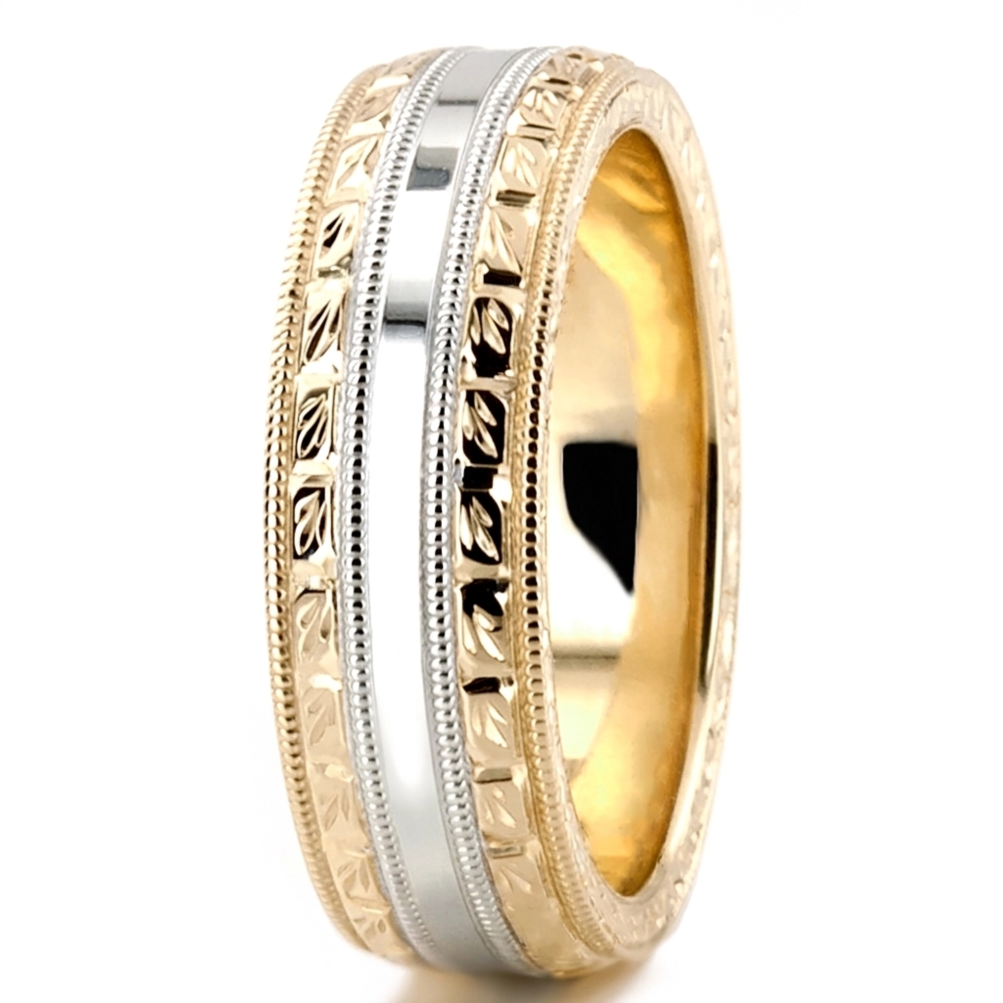 10K yellow-white-yellow gold 7mm. high polish hand-engraved-fancy-carved-wedding-band - alternate view 5