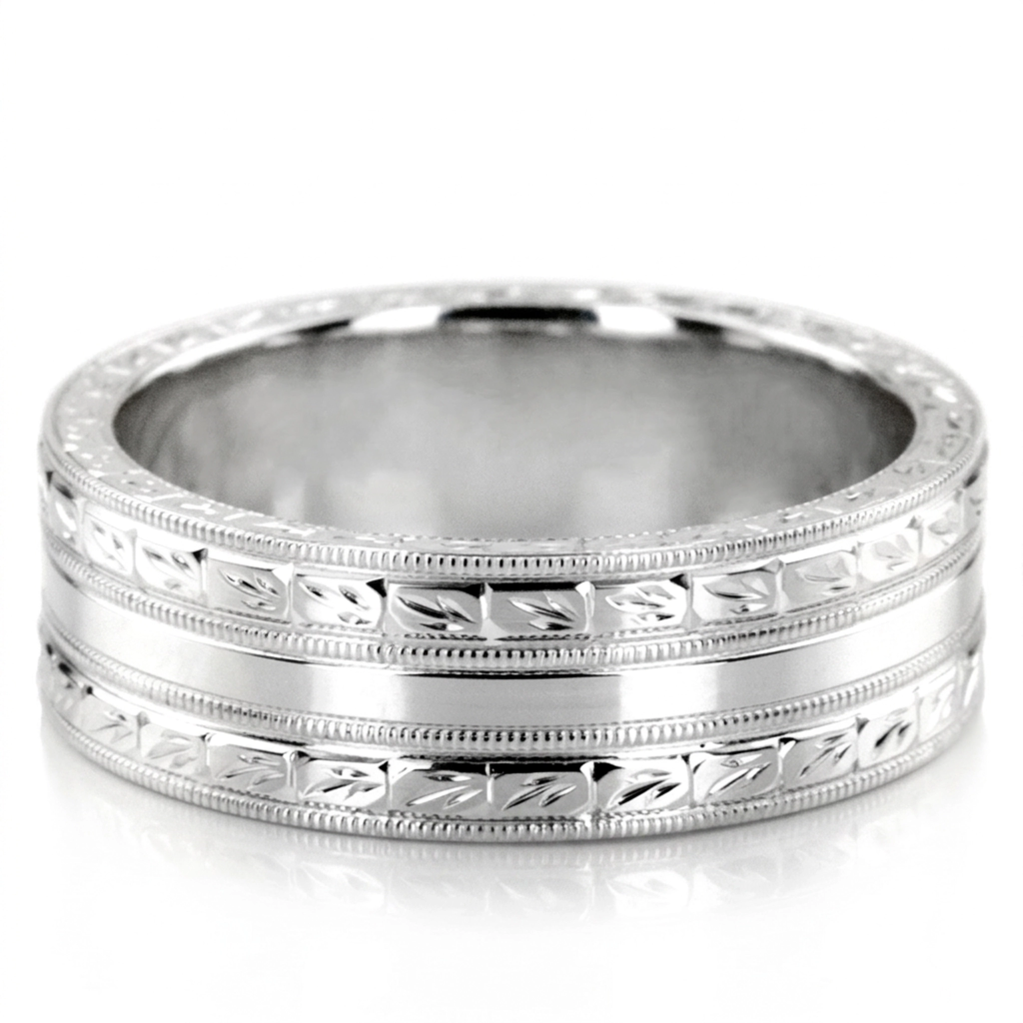 10K white gold 7mm. high polish hand-engraved-fancy-carved-wedding-band - alternate view 2