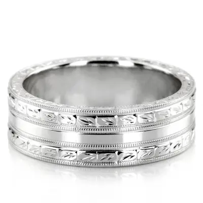 10K white gold 7mm. high polish hand-engraved-fancy-carved-wedding-band - alternate view 2 thumbnail