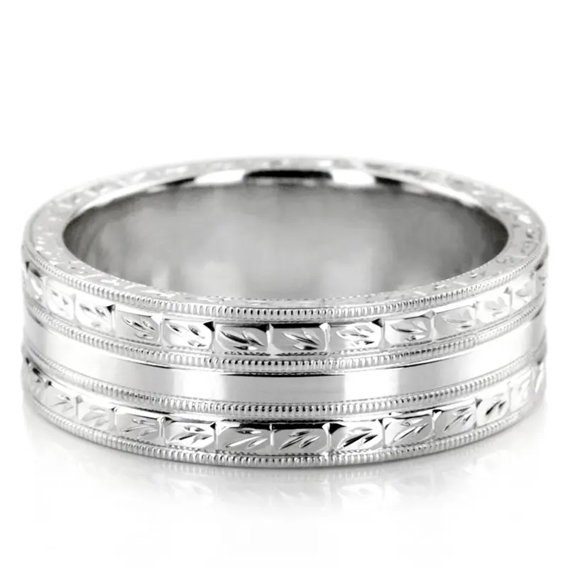 10K white gold 7mm. high polish hand-engraved-fancy-carved-wedding-band - alternate view 2