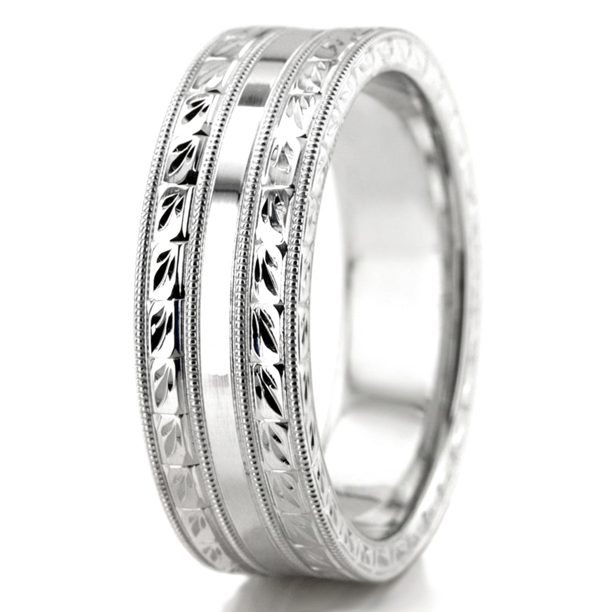 10K white gold 7mm. high polish hand-engraved-fancy-carved-wedding-band - alternate view 7