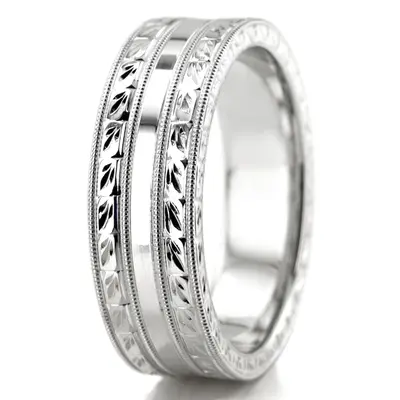 10K white gold 7mm. high polish hand-engraved-fancy-carved-wedding-band - alternate view 7 thumbnail