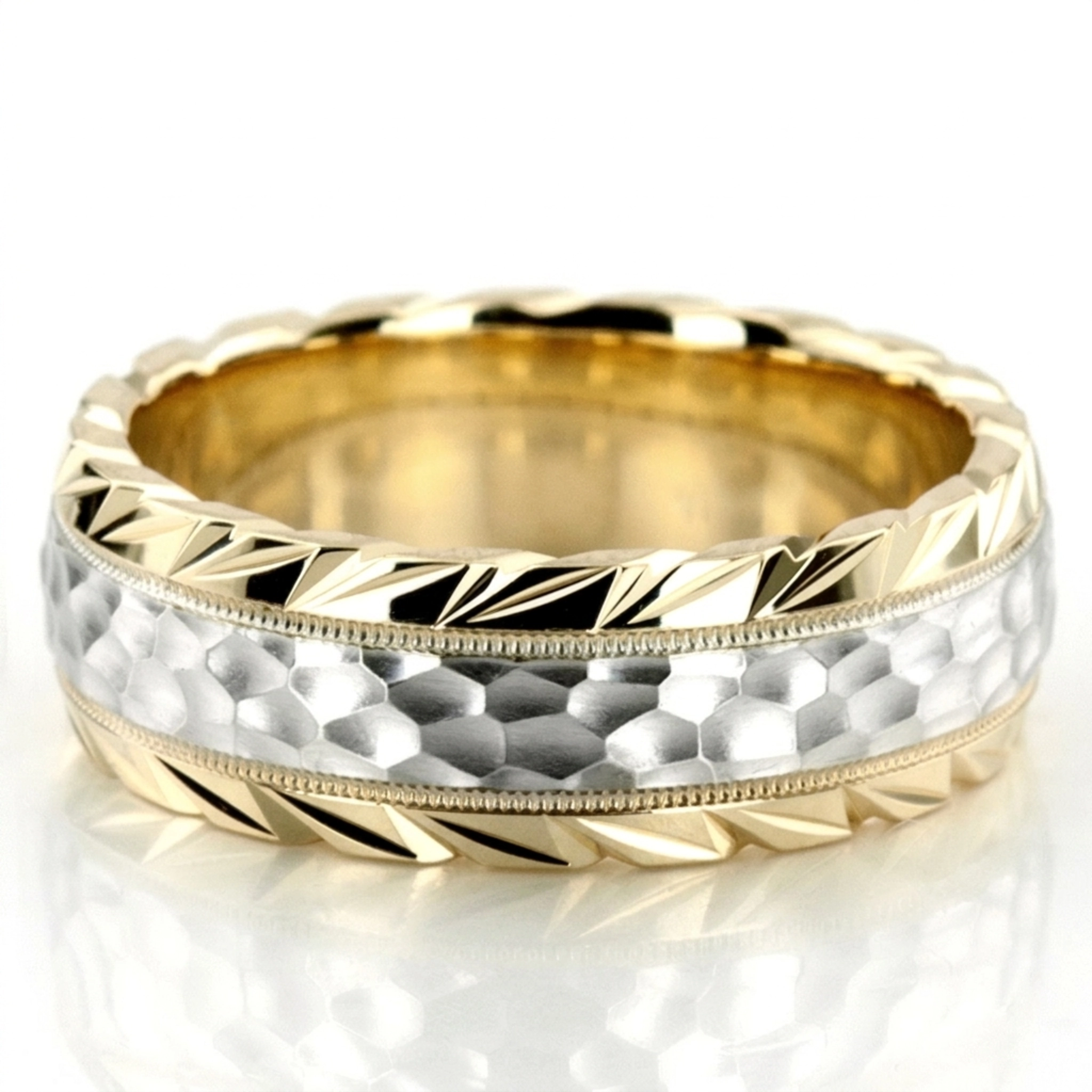 10K yellow-white-yellow gold 7mm. hammer hammer-finish-wedding-ring - main view