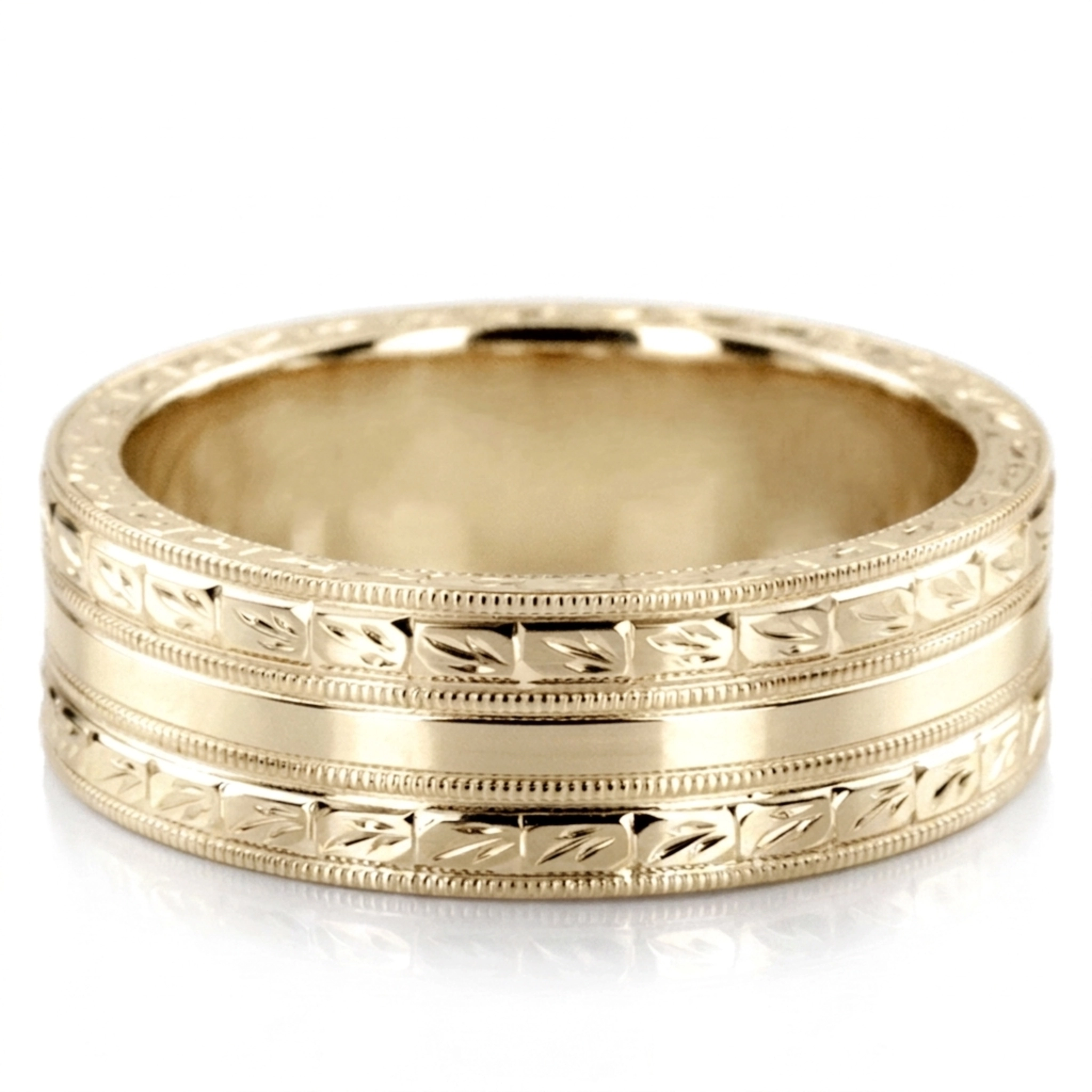 10K yellow gold 7mm. high polish hand-engraved-fancy-carved-wedding-band - alternate view 3
