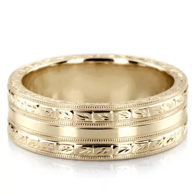 10K yellow gold 7mm. high polish hand-engraved-fancy-carved-wedding-band - alternate view 3 thumbnail