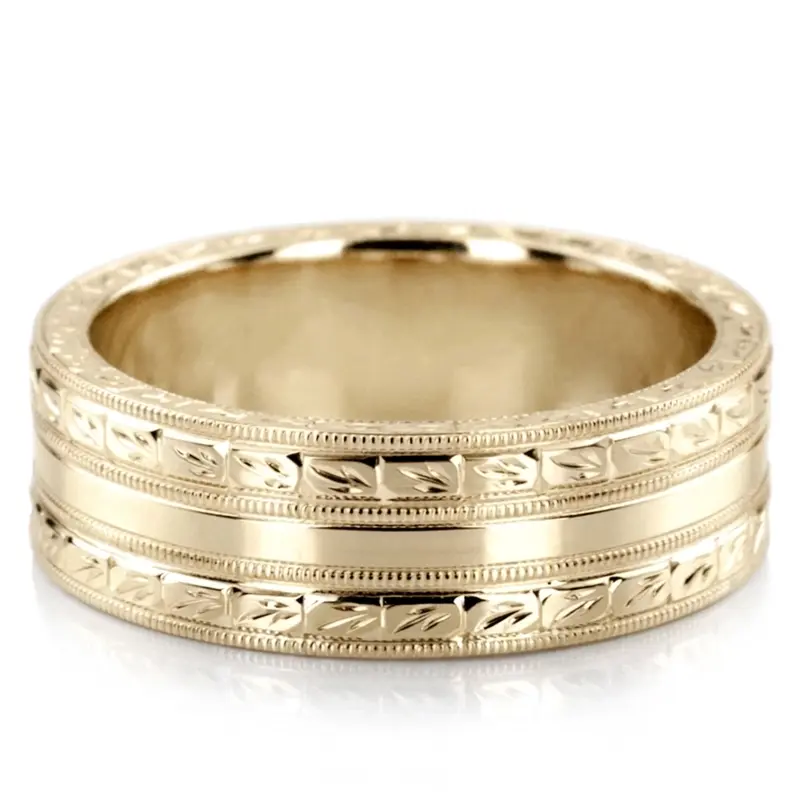 10K yellow gold 7mm. high polish hand-engraved-fancy-carved-wedding-band - alternate view 3