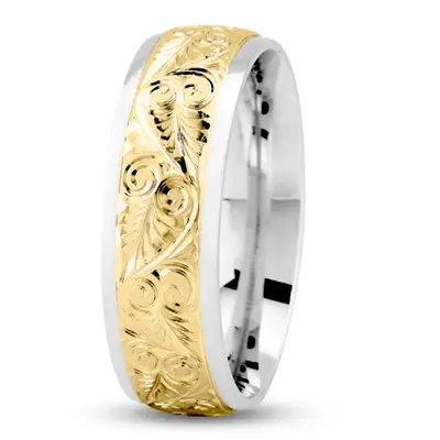 10K white-yellow-white gold 7mm. high polish Floral-Fancy-Carved-Wedding-Ring - alternate view 4 thumbnail