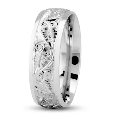 10K white gold 7mm. high polish Floral-Fancy-Carved-Wedding-Ring - alternate view 2 thumbnail