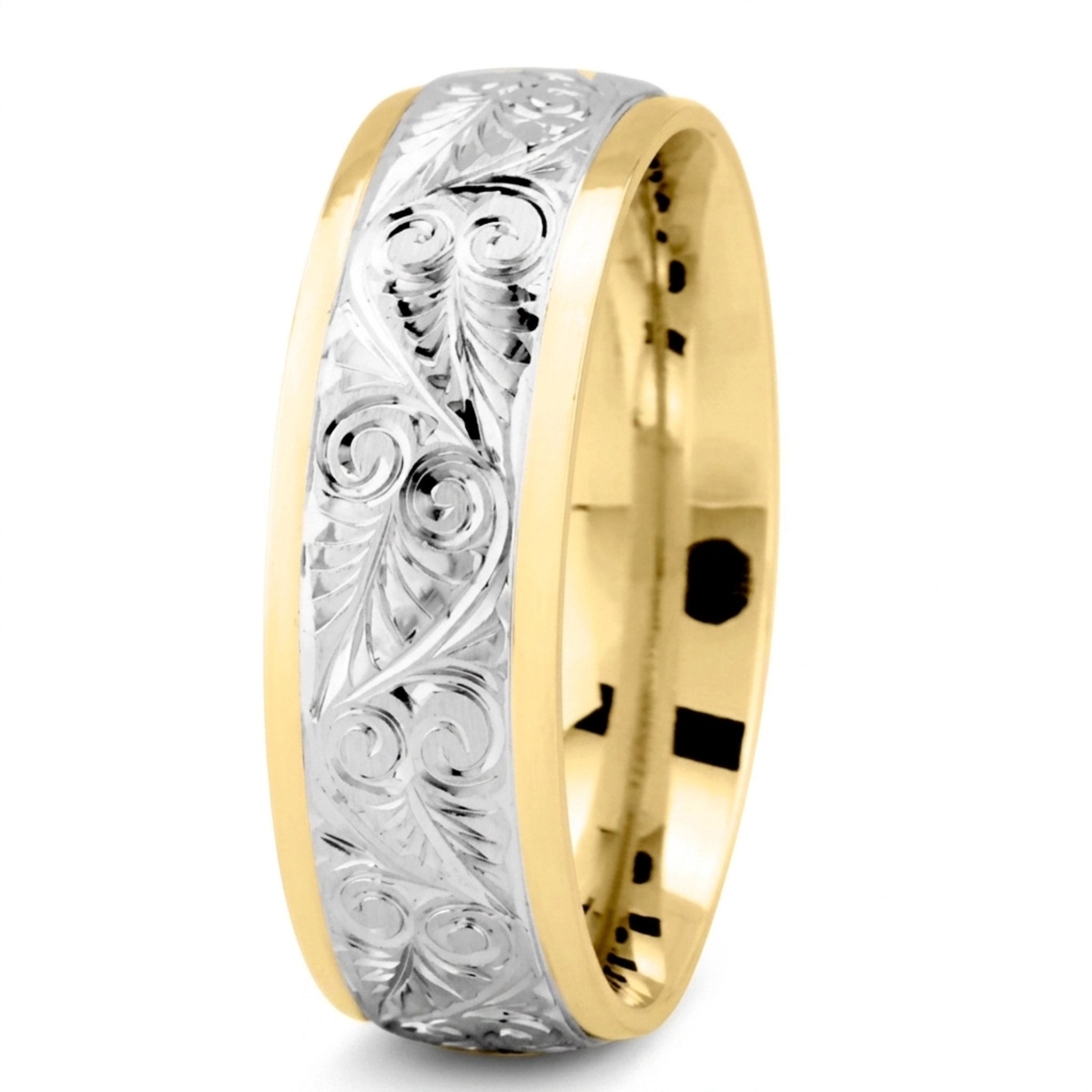 10K yellow-white-yellow gold 7mm. high polish Floral-Fancy-Carved-Wedding-Ring - main view