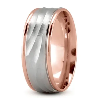 10K pink-white-pink gold 8mm. satin Milled-Design-Ridged-Wedding-Band - alternate view 6 thumbnail