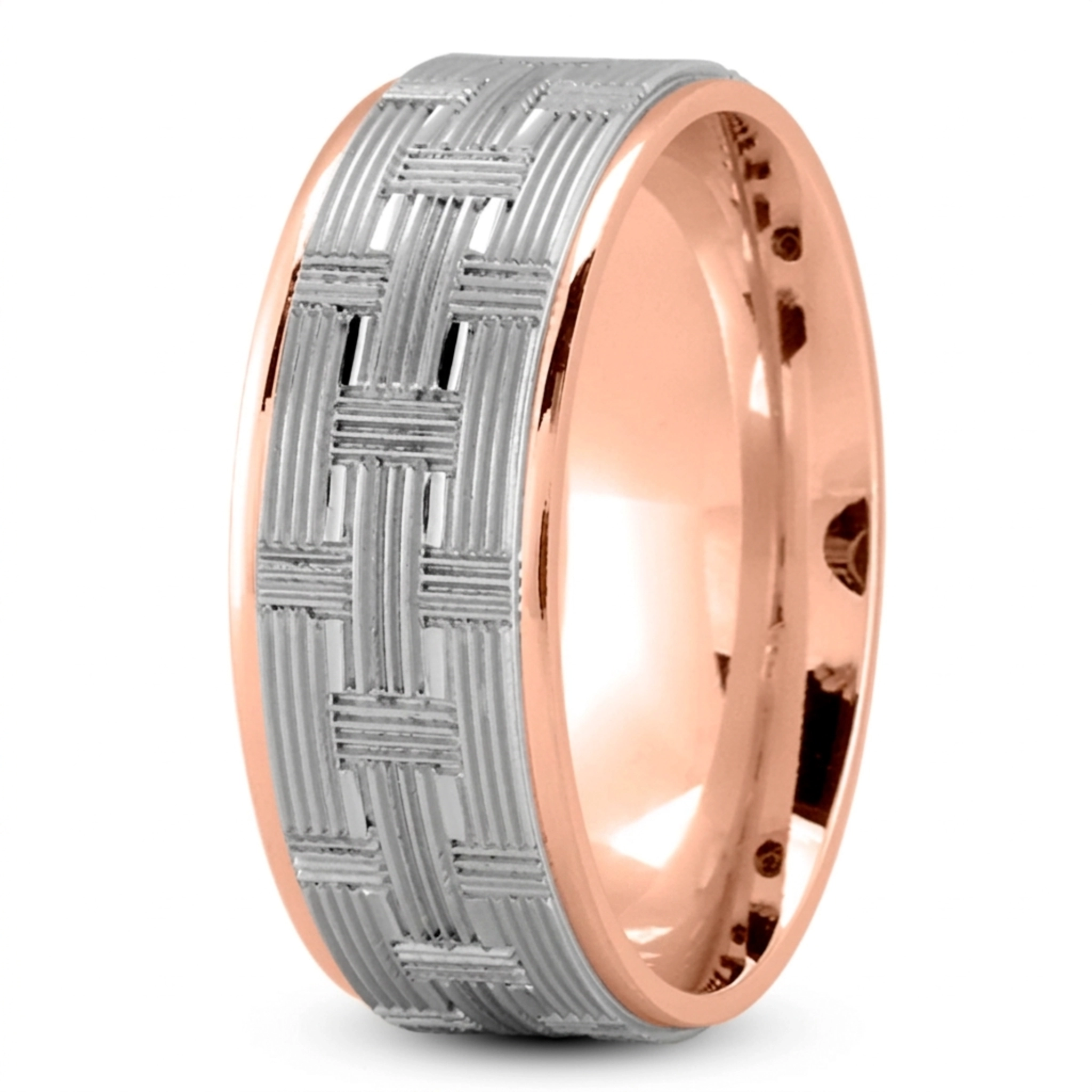 10K pink-white-pink gold 8mm. glass-bead Woven-Basket-Pattern-Wedding-Band - main view