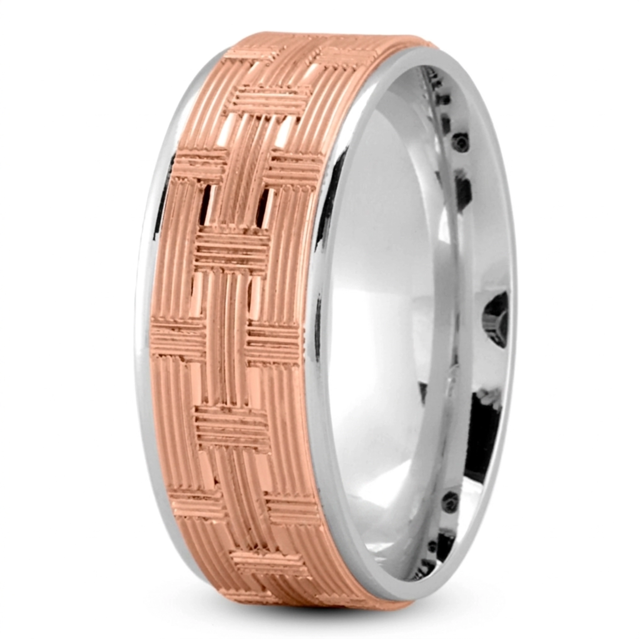 10K white-pink-white gold 8mm. glass-bead Woven-Basket-Pattern-Wedding-Band - alternate view 5