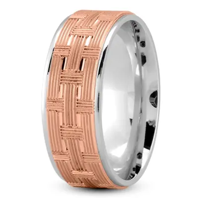 10K white-pink-white gold 8mm. glass-bead Woven-Basket-Pattern-Wedding-Band - alternate view 5 thumbnail