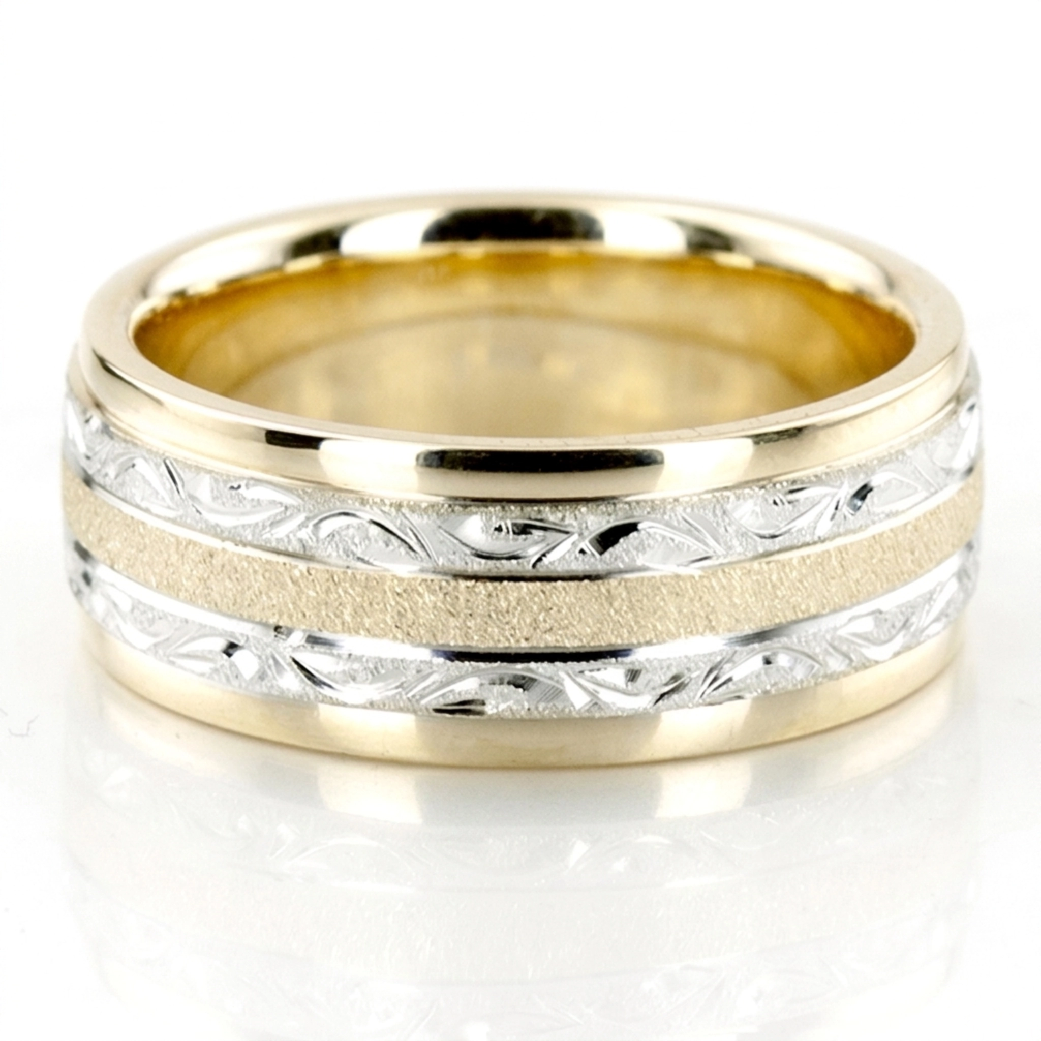 10K y-w-y-w-y gold 7.5mm. stone finish floral-carved-solid-wedding-ring - main view
