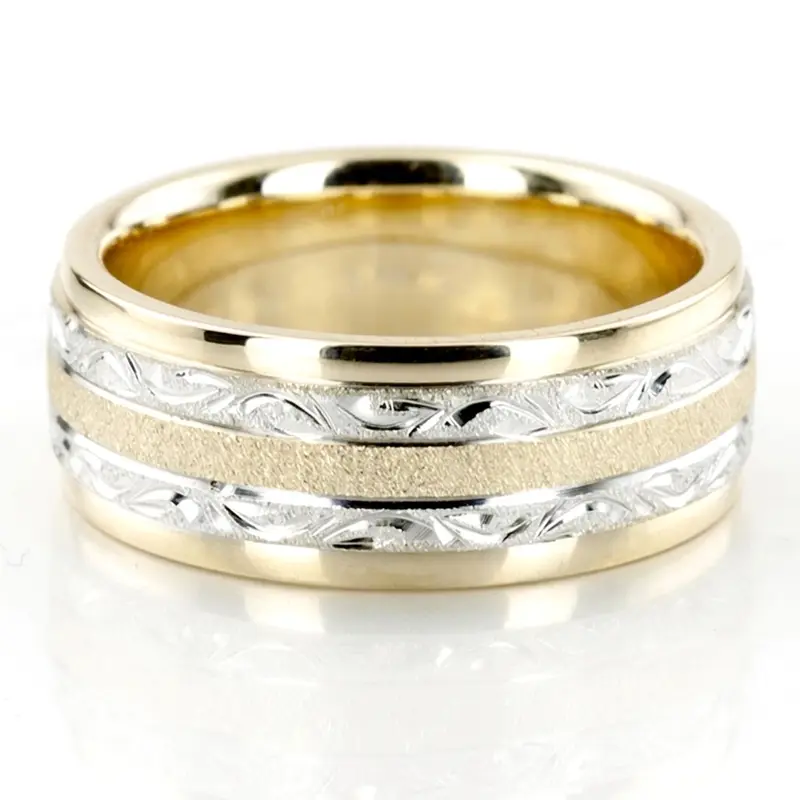 10K y-w-y-w-y gold 7.5mm. stone finish floral-carved-solid-wedding-ring - main view