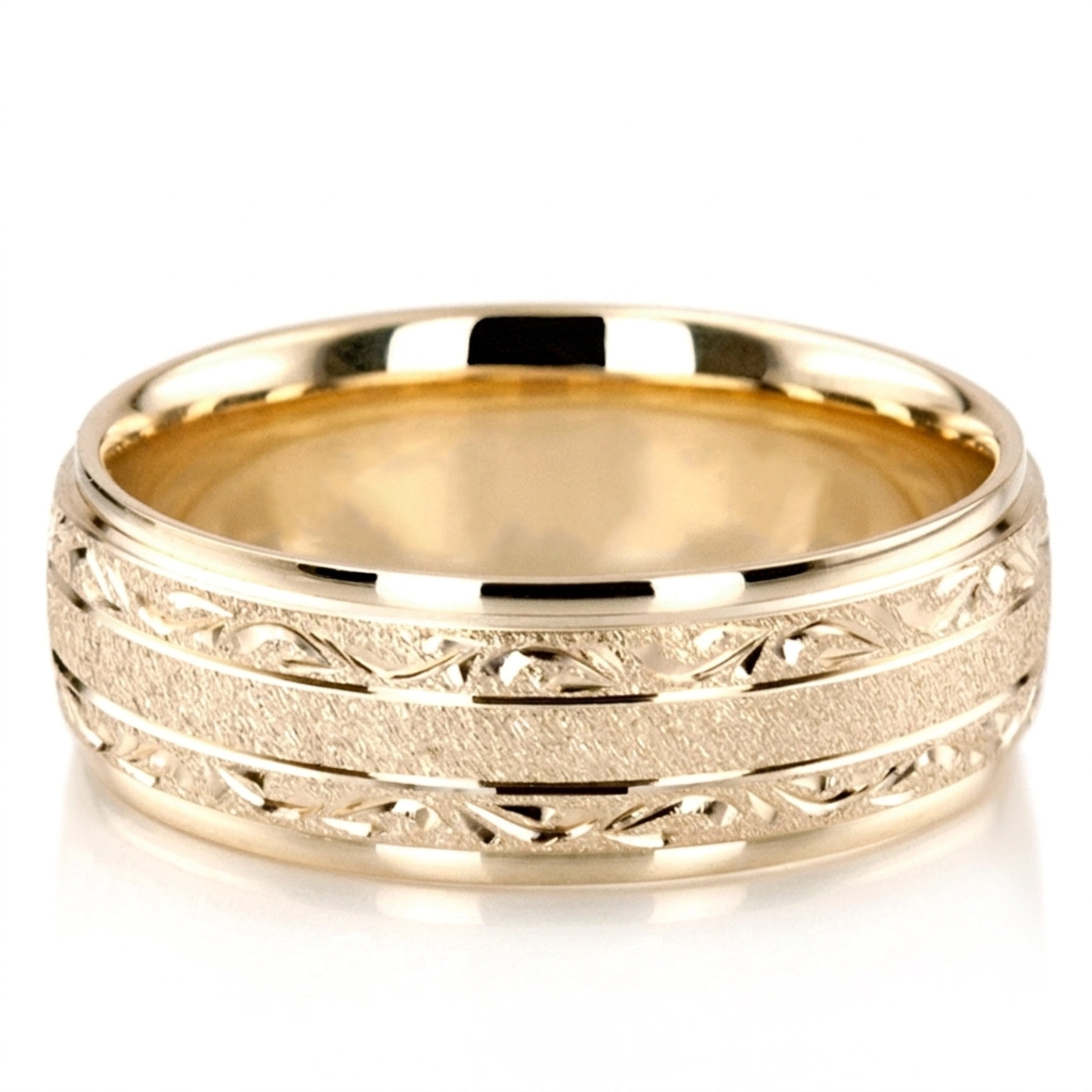 10K yellow gold 7.5mm. stone finish floral-carved-solid-wedding-ring - alternate view 7