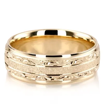 10K yellow gold 7.5mm. stone finish floral-carved-solid-wedding-ring - alternate view 7 thumbnail