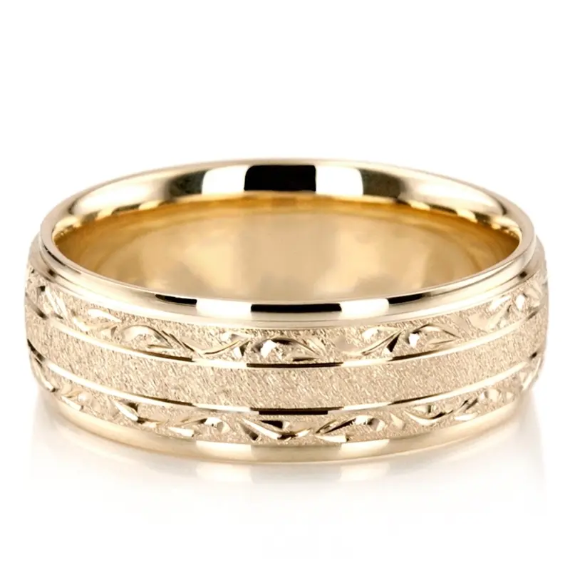 10K yellow gold 7.5mm. stone finish floral-carved-solid-wedding-ring - alternate view 7