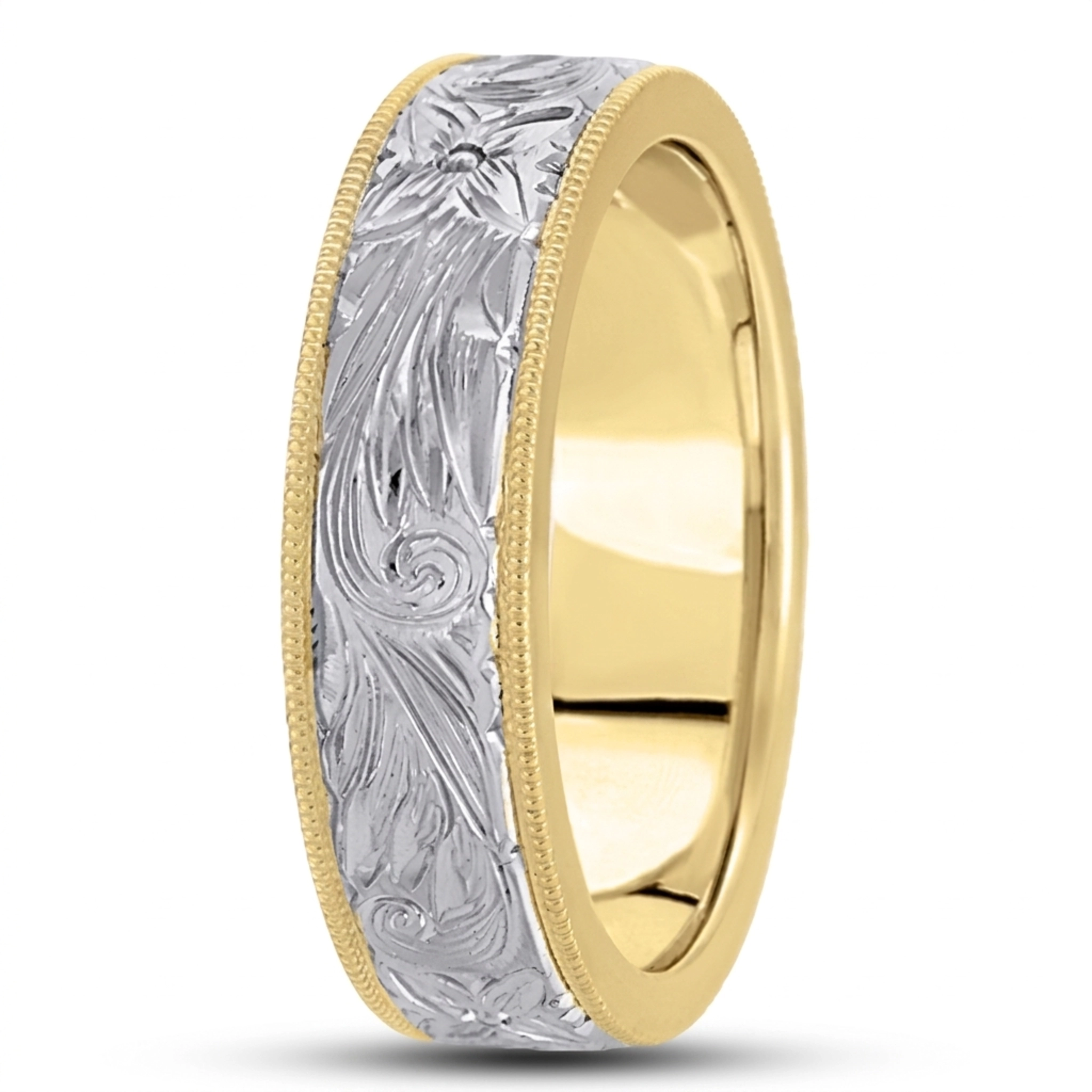 14K yellow-white-yellow gold 7mm. high polish hand-engraved-fancy-carved-wedding-band - alternate view 5