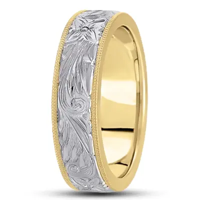 14K yellow-white-yellow gold 7mm. high polish hand-engraved-fancy-carved-wedding-band - alternate view 5 thumbnail