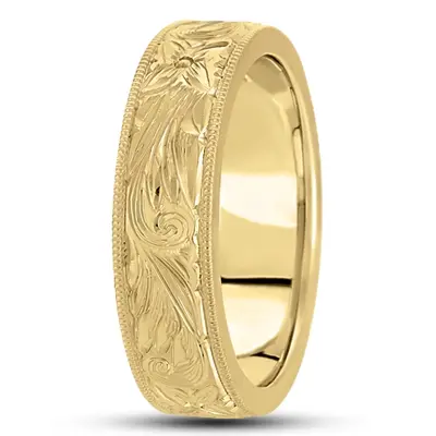 14K yellow gold 7mm. high polish hand-engraved-fancy-carved-wedding-band - alternate view 2 thumbnail