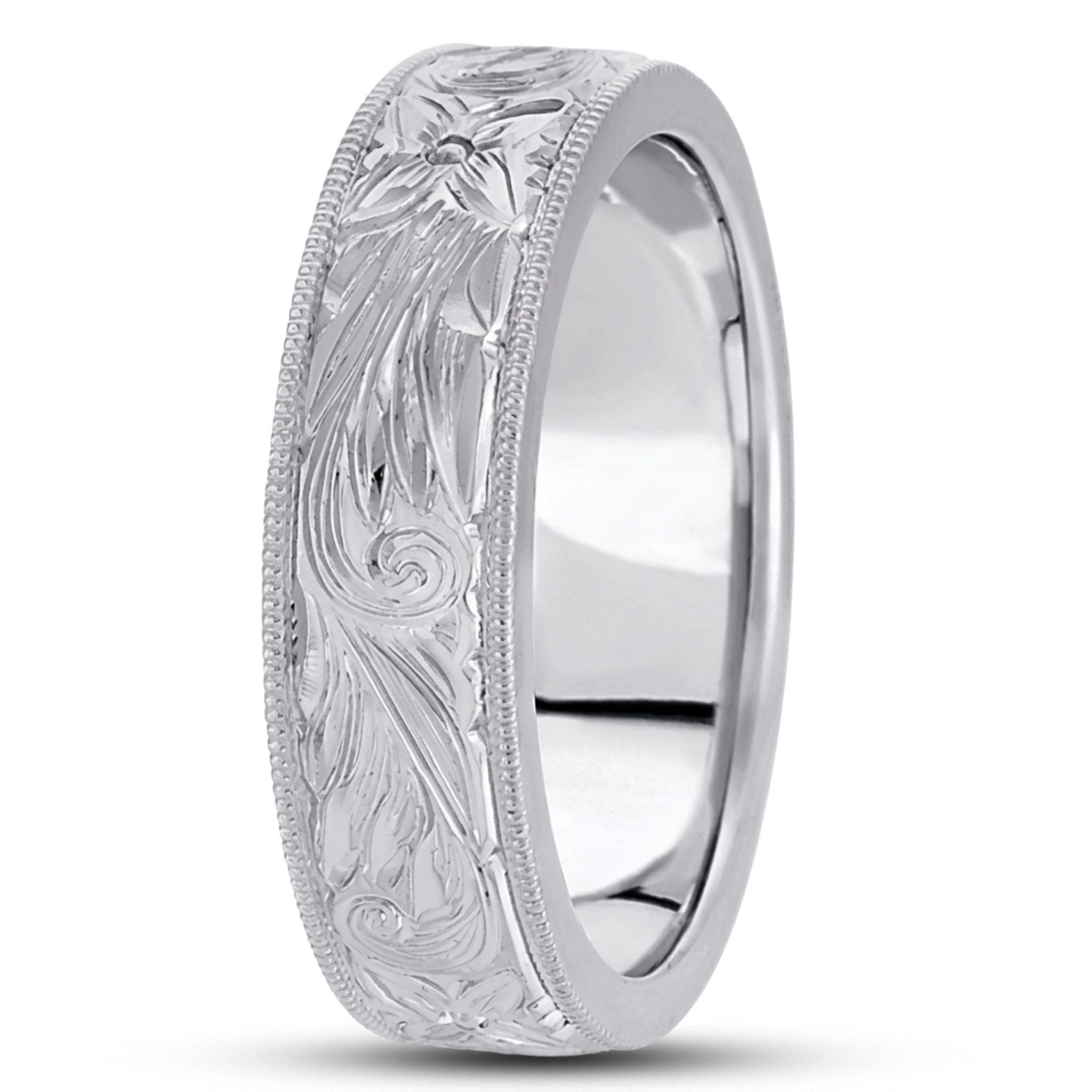 14K white gold 7mm. high polish hand-engraved-fancy-carved-wedding-band - alternate view 4