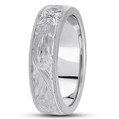14K white gold 7mm. high polish hand-engraved-fancy-carved-wedding-band - alternate view 4 thumbnail
