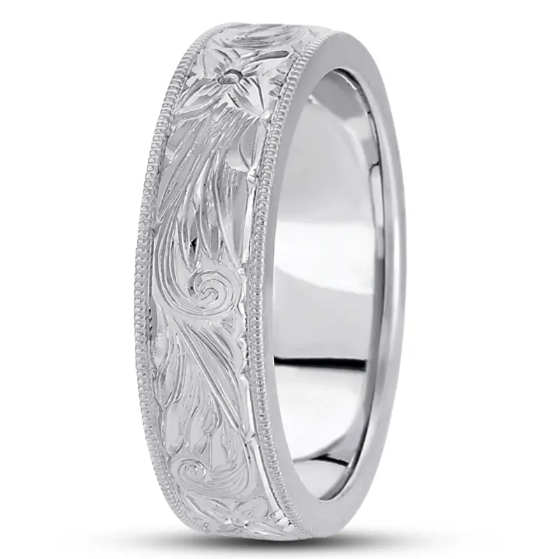 10K white gold 7mm. high polish hand-engraved-fancy-carved-wedding-band - alternate view 4