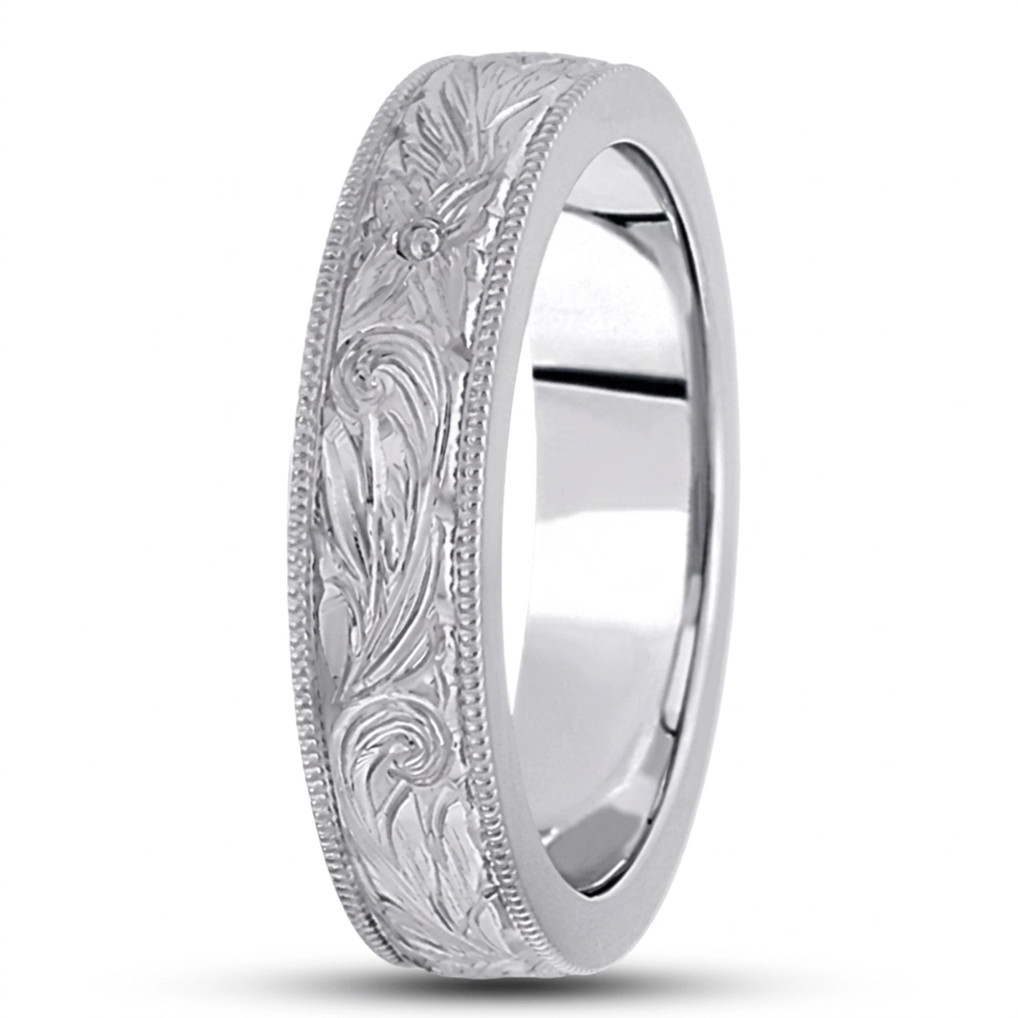 14K white gold 4.5mm. high polish hand-engraved-fancy-carved-wedding-band - alternate view 3