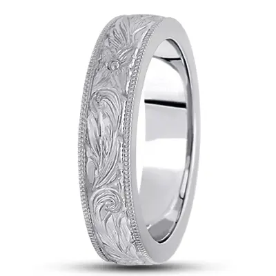 14K white gold 4.5mm. high polish hand-engraved-fancy-carved-wedding-band - alternate view 3 thumbnail