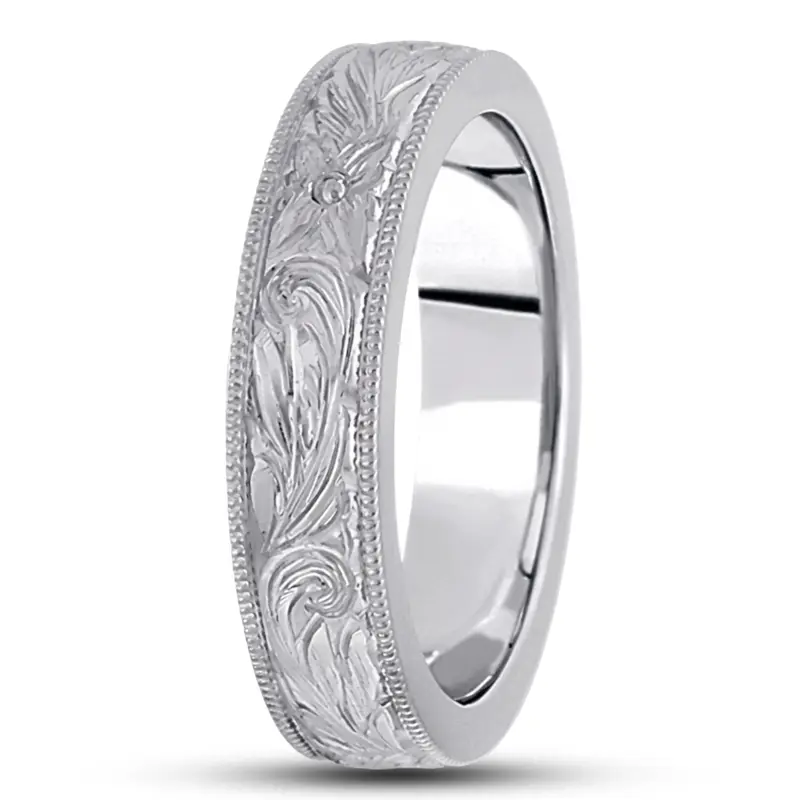 10K white gold 4.5mm. high polish hand-engraved-fancy-carved-wedding-band - alternate view 3
