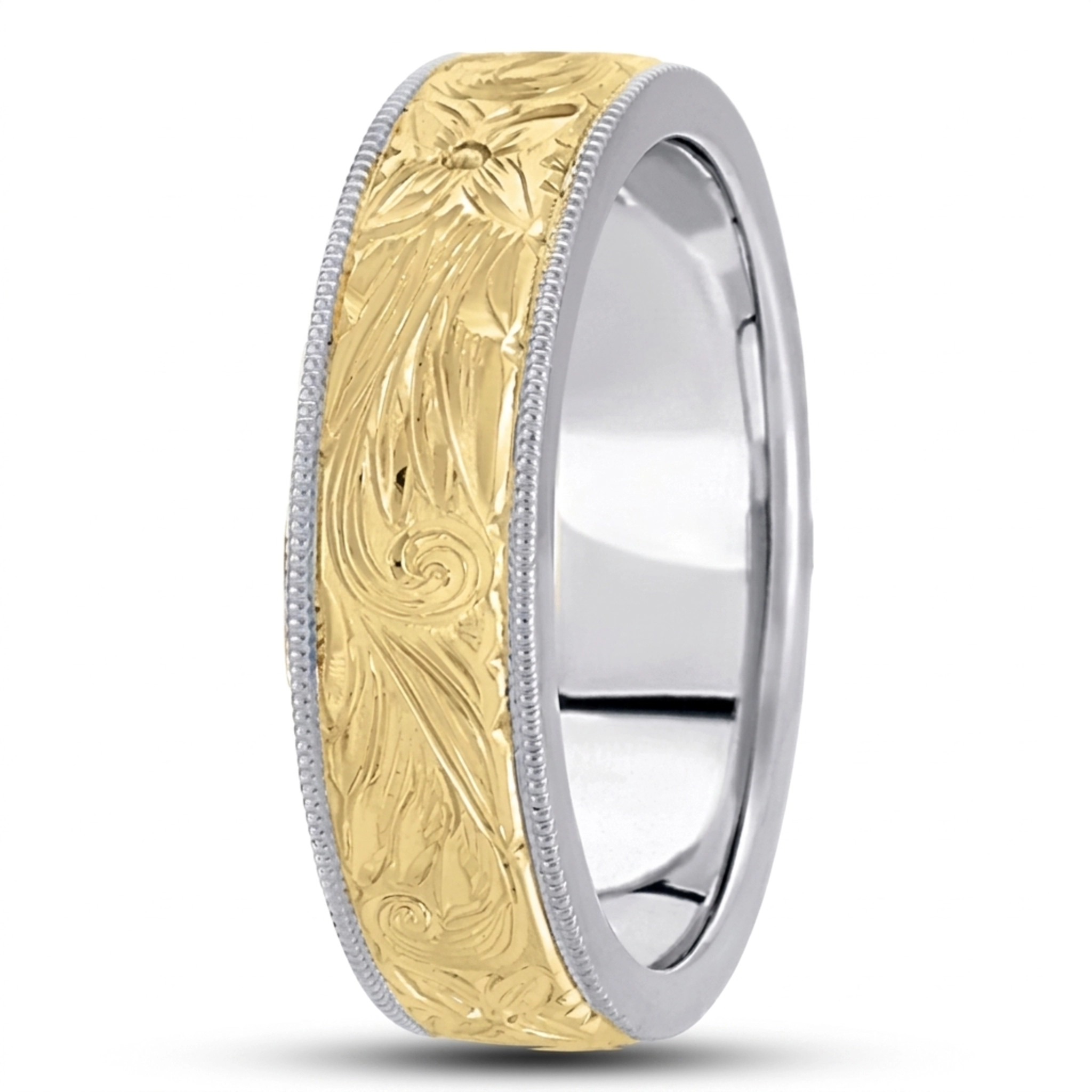 14K white-yellow-white gold 7mm. high polish hand-engraved-fancy-carved-wedding-band - main view