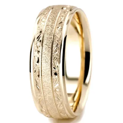 10K yellow gold 7.5mm. stone finish floral-carved-solid-wedding-ring - alternate view 9 thumbnail