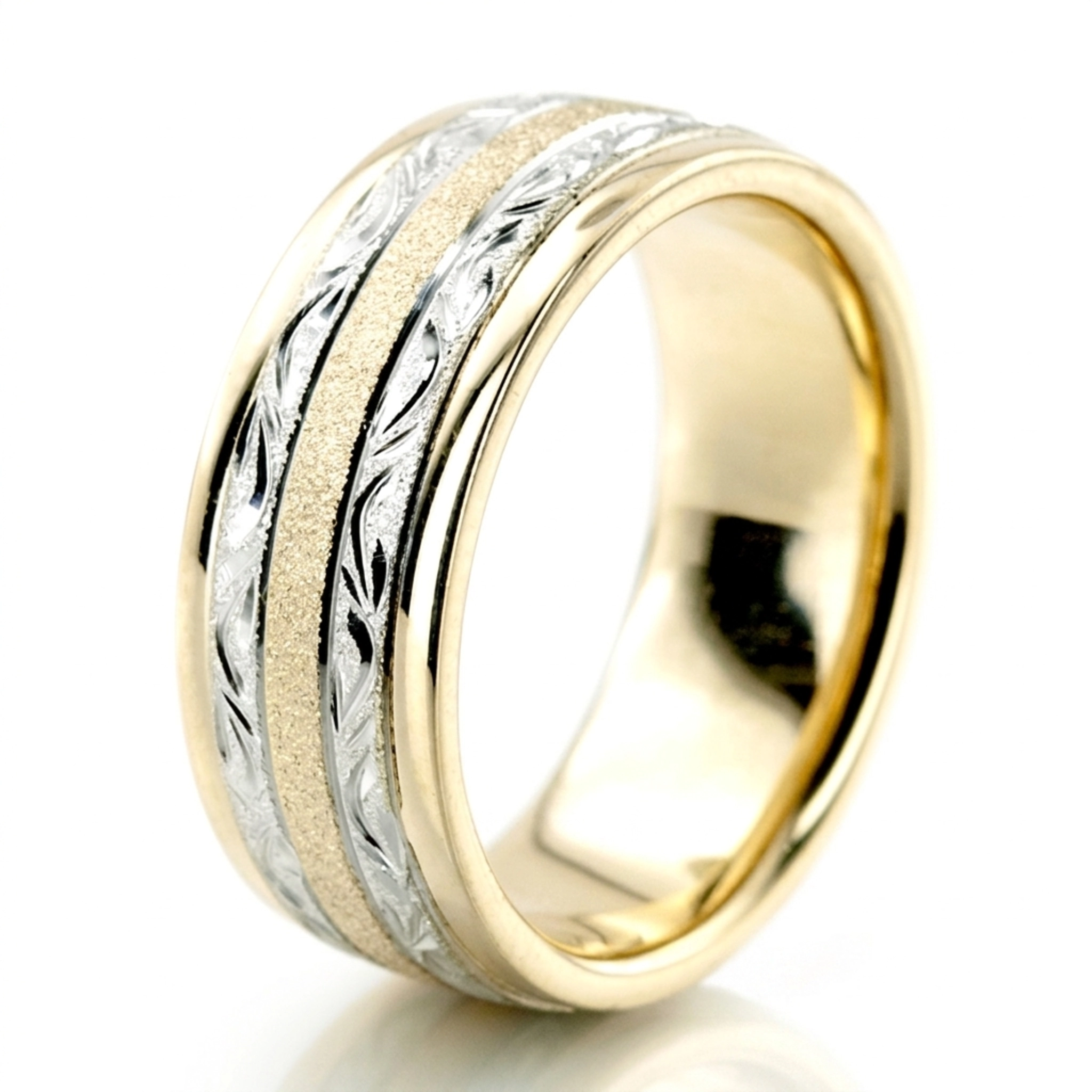 10K y-w-y-w-y gold 7.5mm. stone finish floral-carved-solid-wedding-ring - alternate view 5