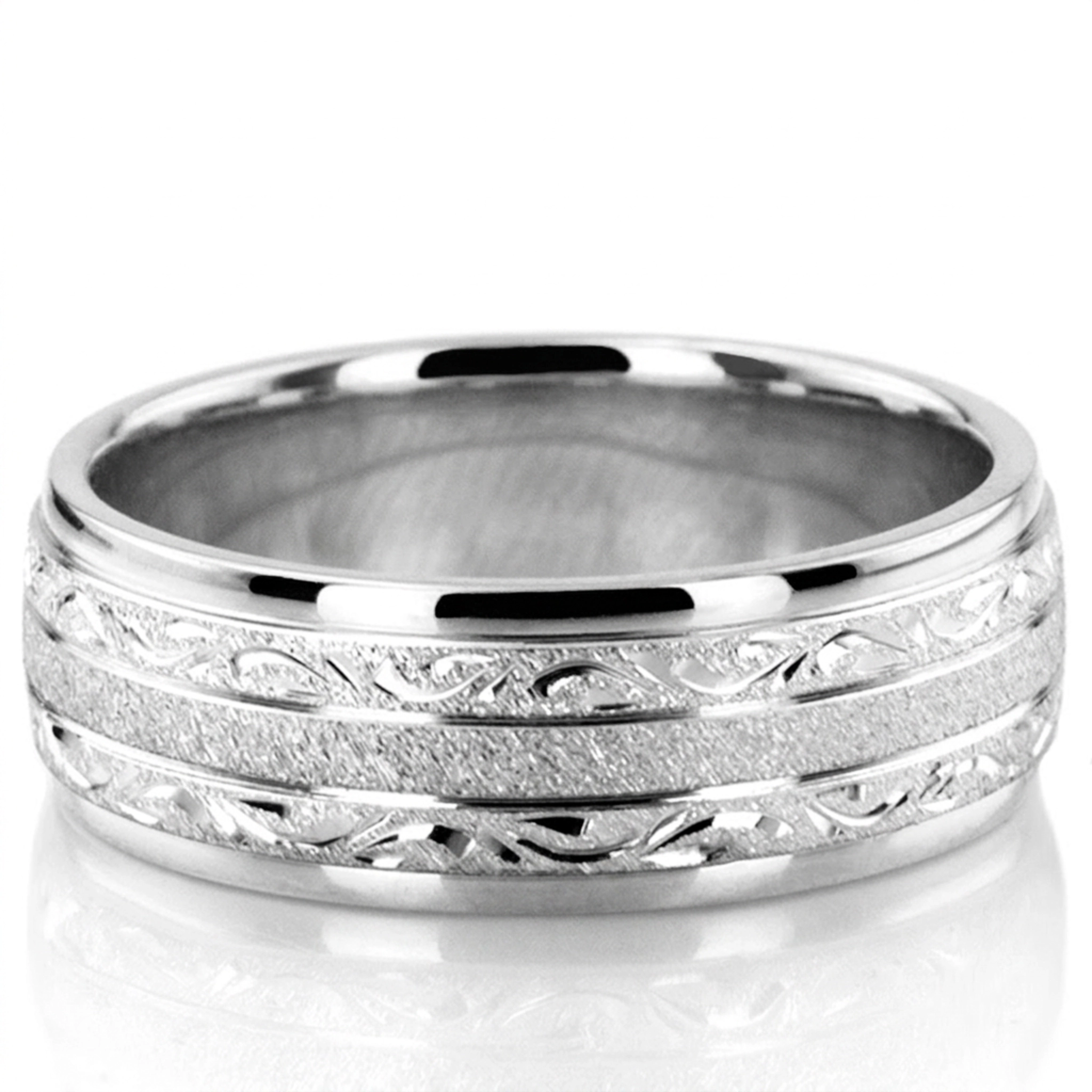 10K white gold 7.5mm. stone finish floral-carved-solid-wedding-ring - alternate view 2