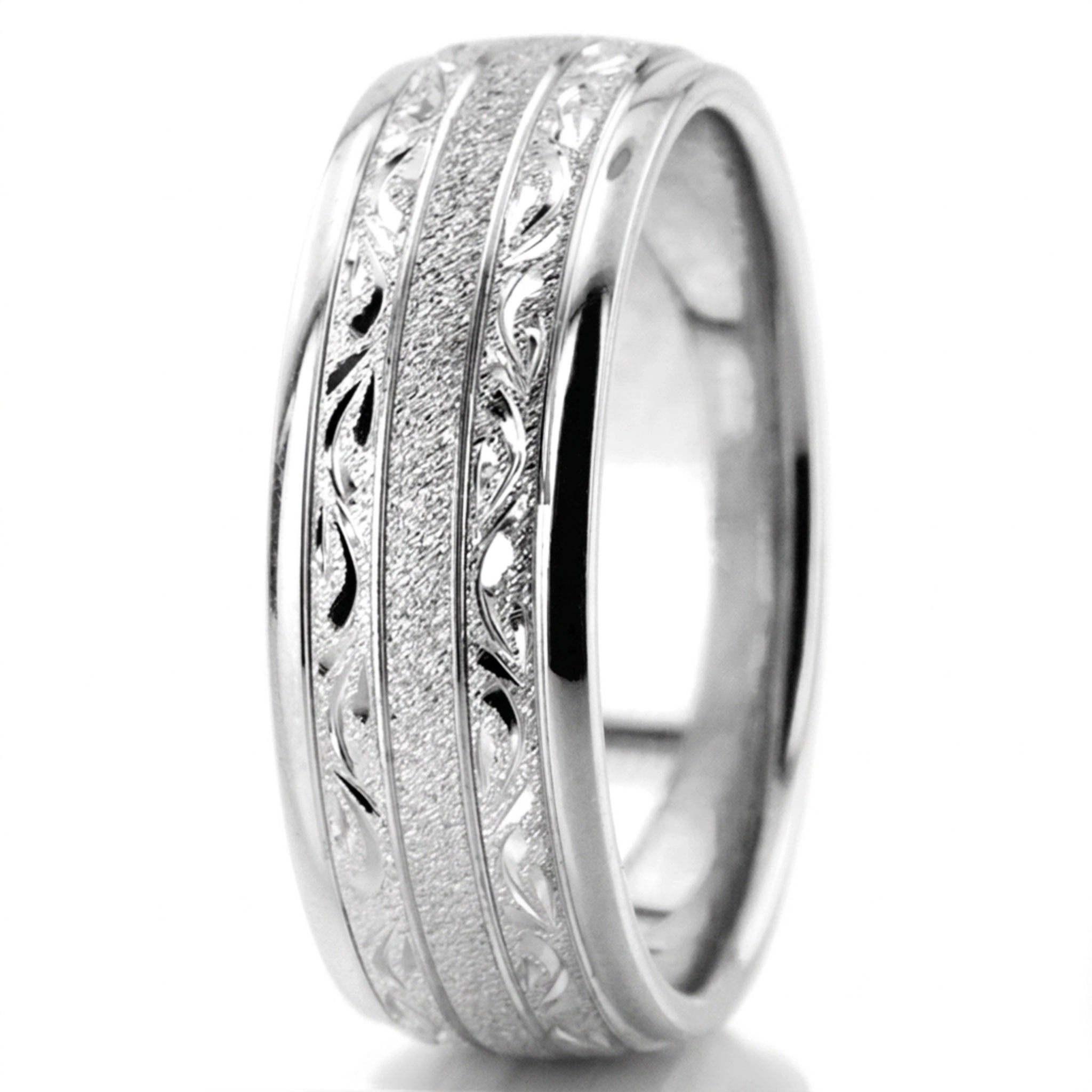 10K white gold 7.5mm. stone finish floral-carved-solid-wedding-ring - alternate view 8