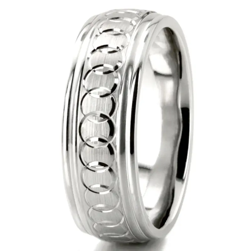 10K white gold 8mm. satin fancy-carved-diamond-cut-wedding-band - alternate view 3
