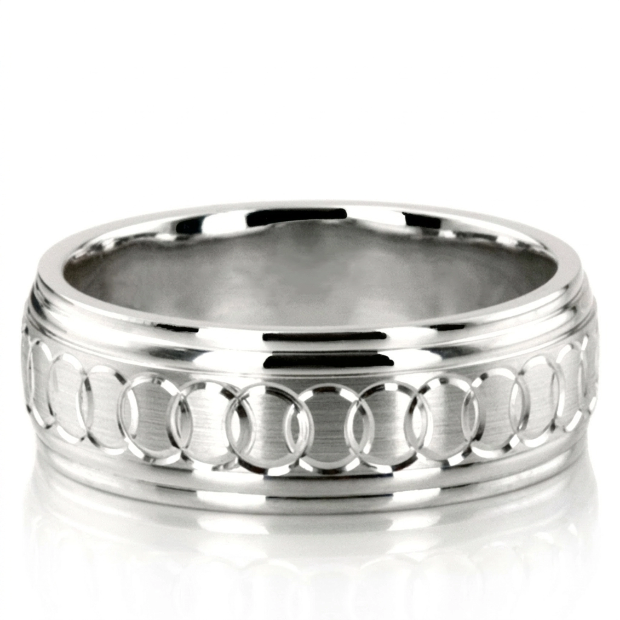 10K white gold 8mm. satin fancy-carved-diamond-cut-wedding-band - main view