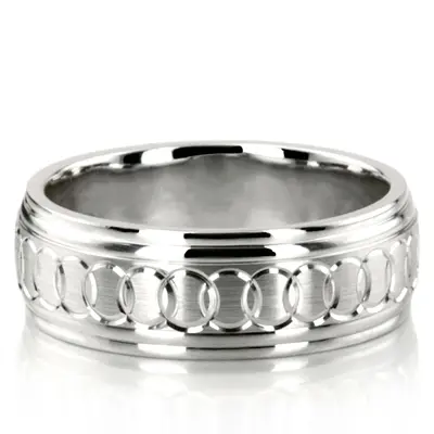 10K white gold 8mm. satin fancy-carved-diamond-cut-wedding-band - main view thumbnail