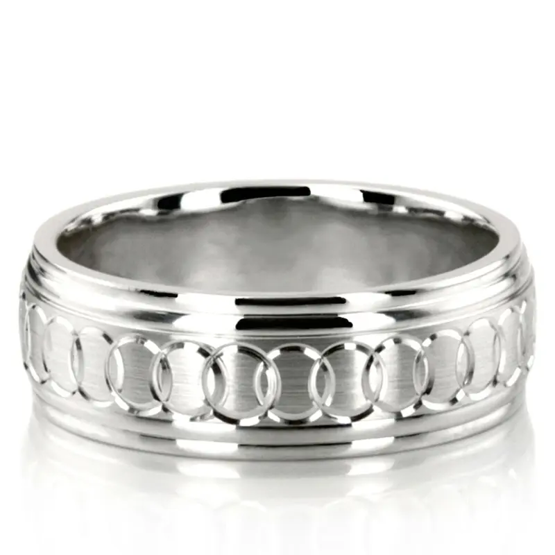 10K white gold 8mm. satin fancy-carved-diamond-cut-wedding-band - main view