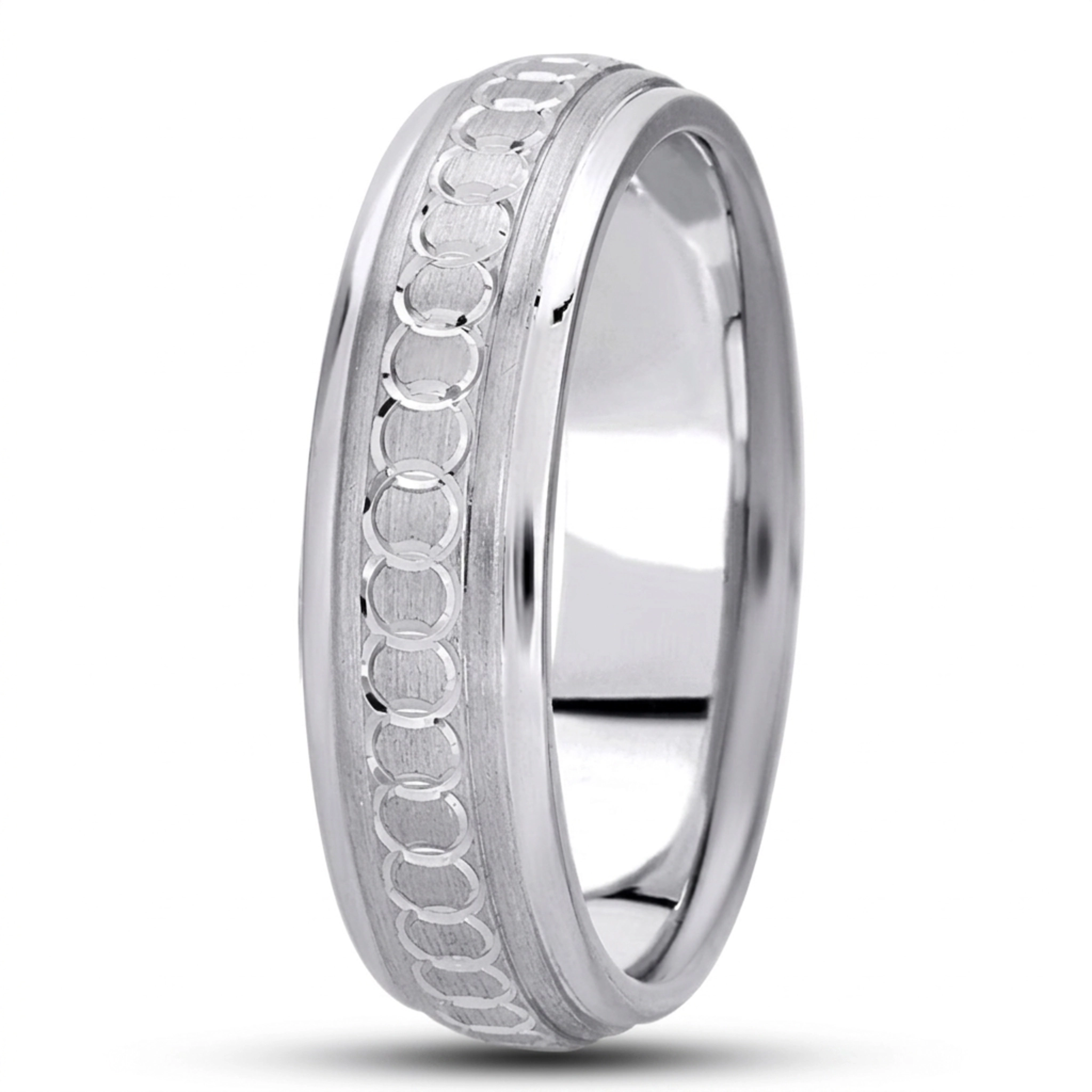 10K white gold 7mm. satin fancy-carved-diamond-cut-wedding-band - alternate view 6