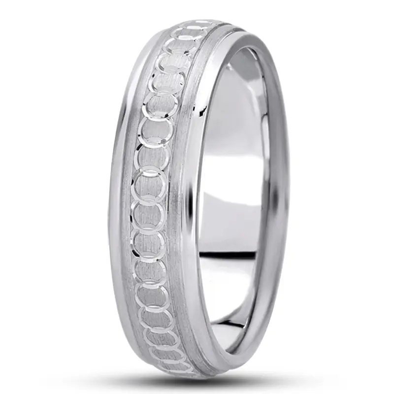 10K white gold 7mm. satin fancy-carved-diamond-cut-wedding-band - alternate view 6