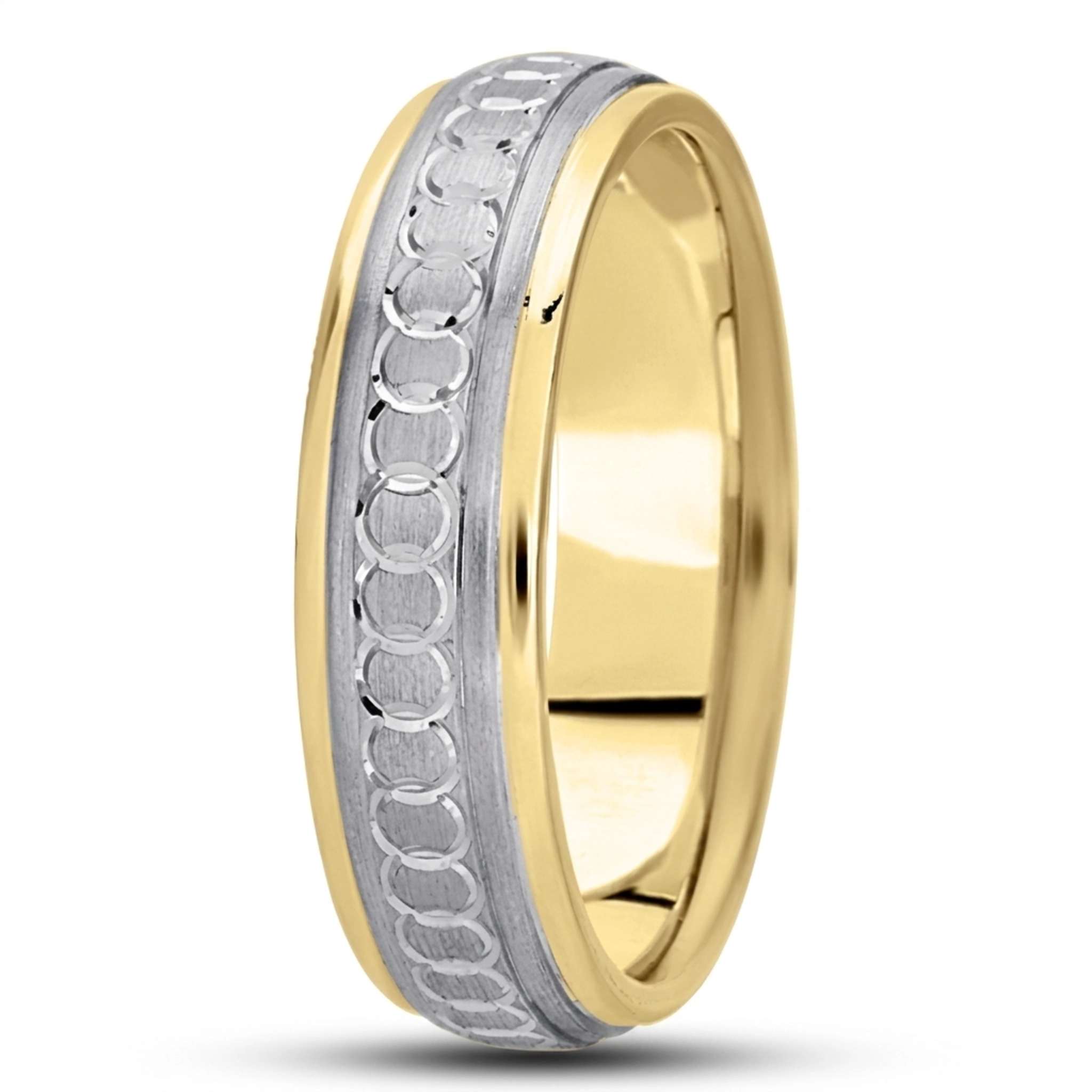 10K yellow-white-yellow gold 7mm. satin fancy-carved-diamond-cut-wedding-band - alternate view 7