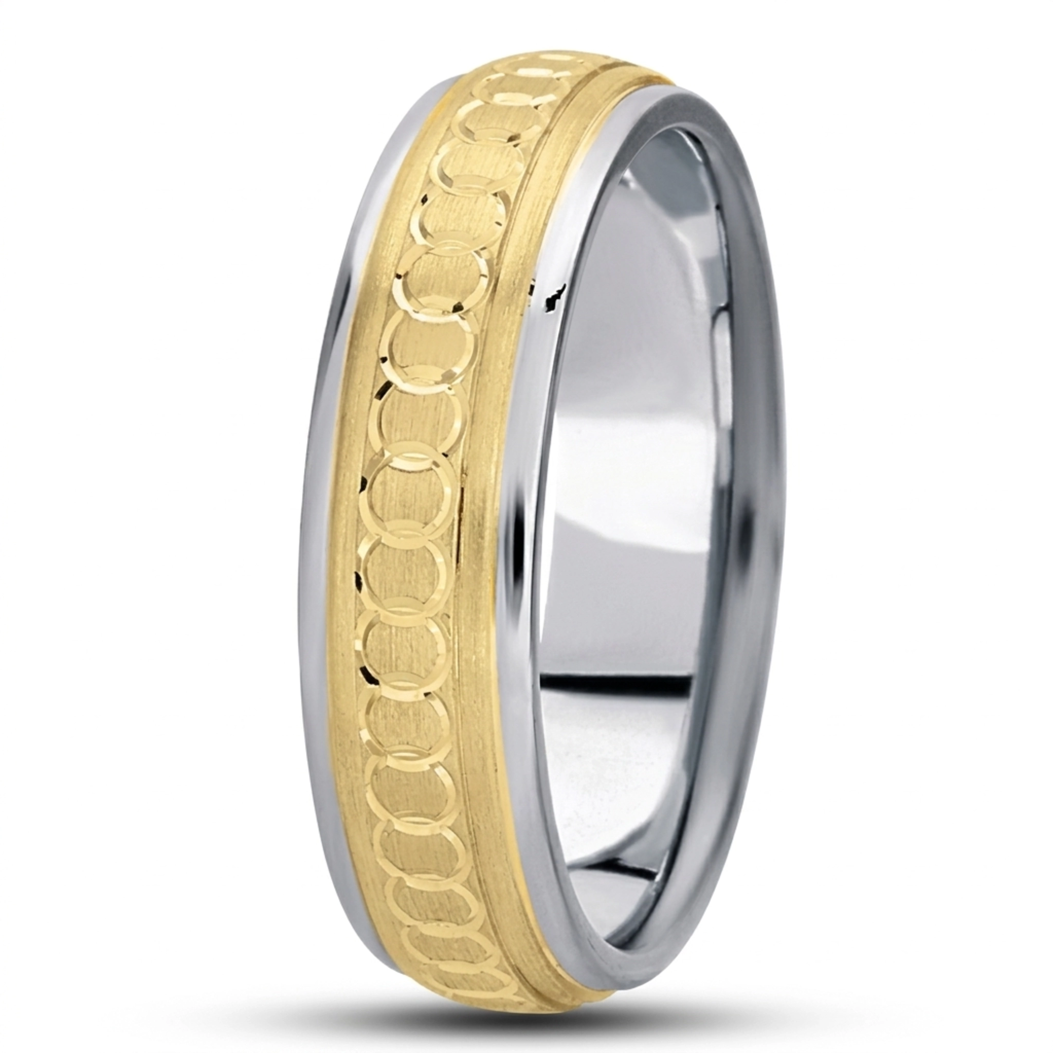10K white-yellow-white gold 7mm. satin fancy-carved-diamond-cut-wedding-band - alternate view 8