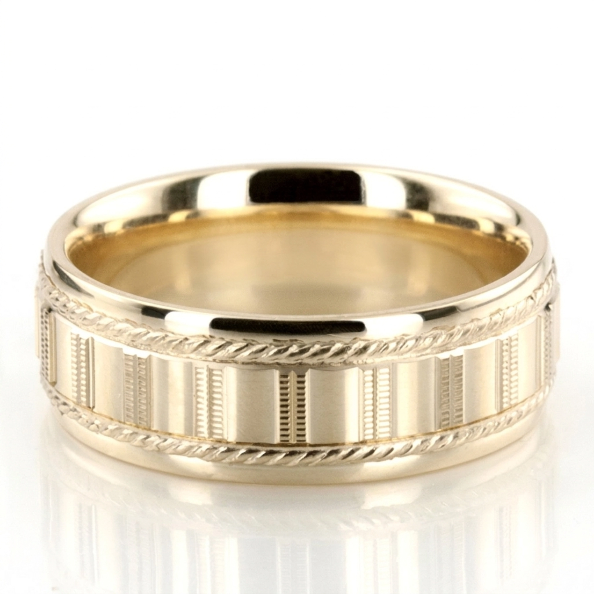 10K yellow gold 7mm. high polish diamond-cut-fancy-wedding-band - main view