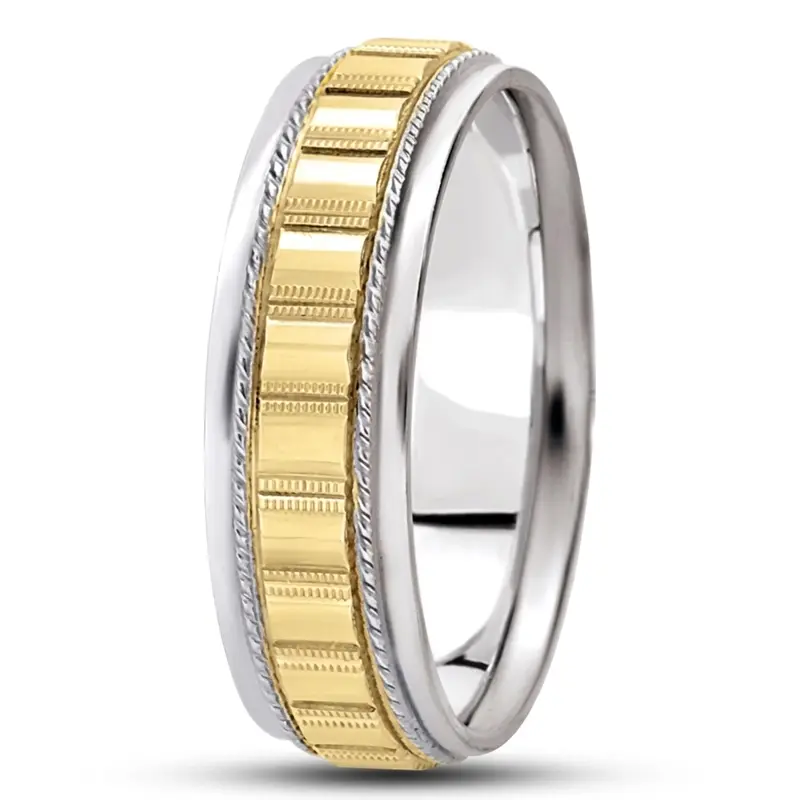 14K white-yellow-white gold 7mm. high polish diamond-cut-fancy-wedding-band - alternate view 5