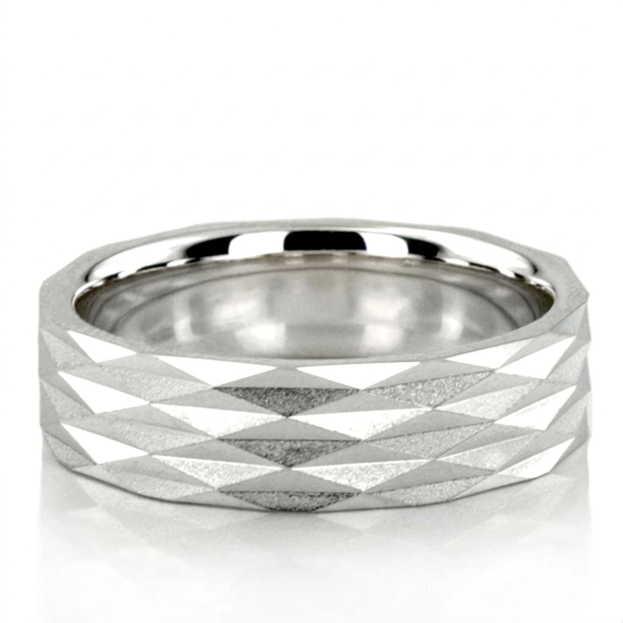 10K white gold 6mm. wire matte diamond-cut-fancy-carved-wedding-band - main view