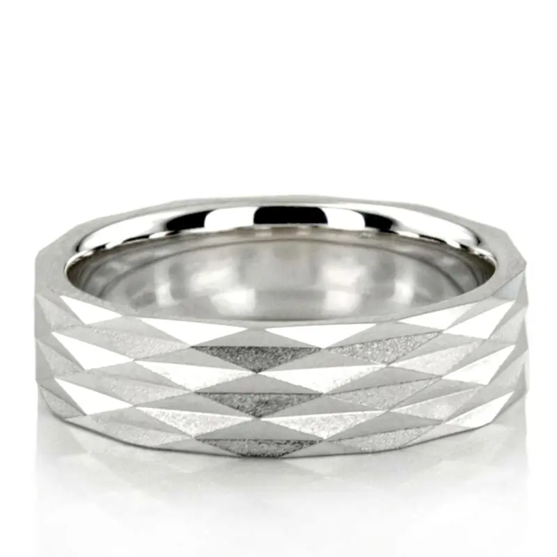 10K white gold 6mm. wire matte diamond-cut-fancy-carved-wedding-band - main view